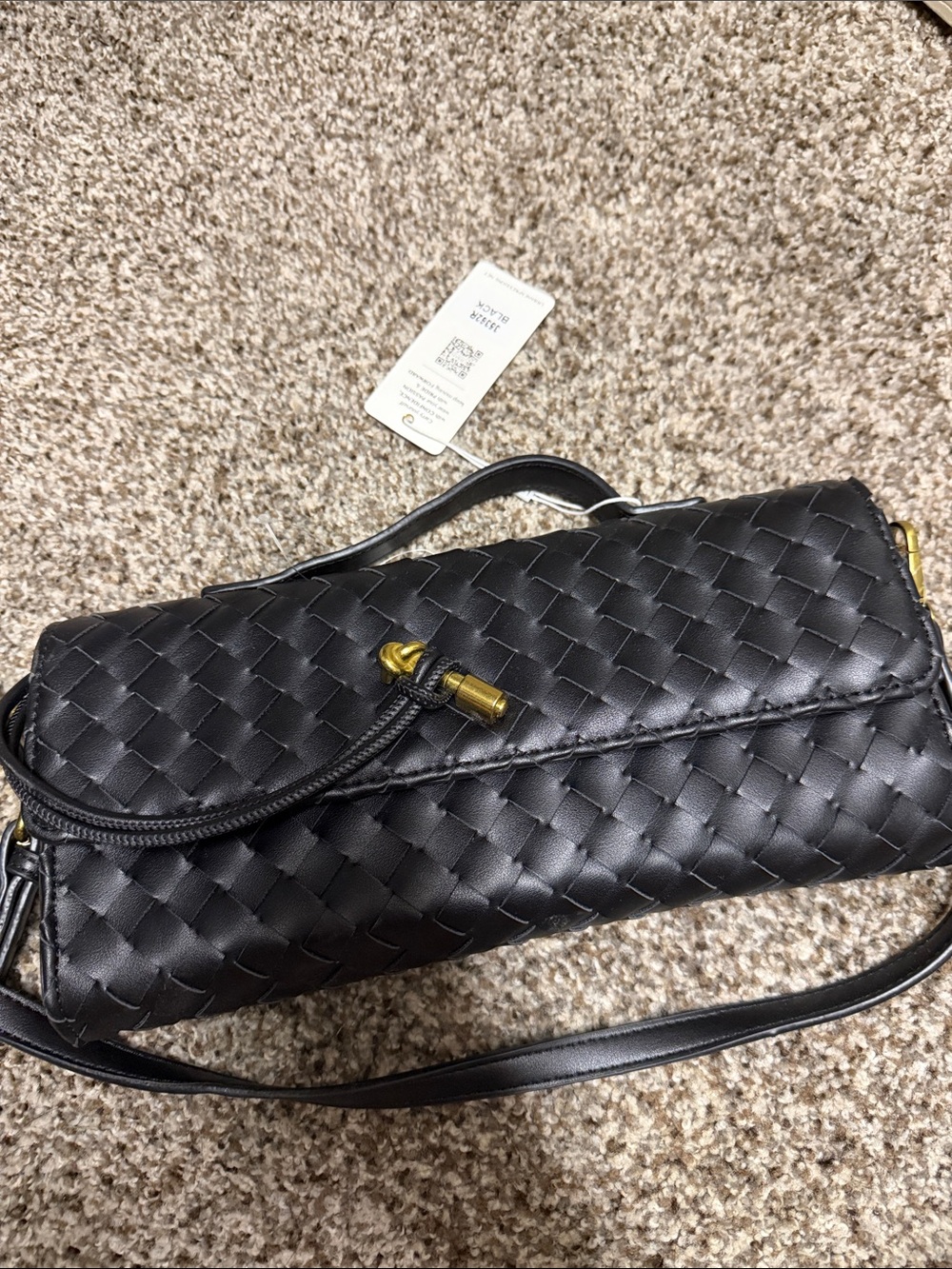 Women's Black Woven Shoulder Bag with Gold Accent- Designer Dupe